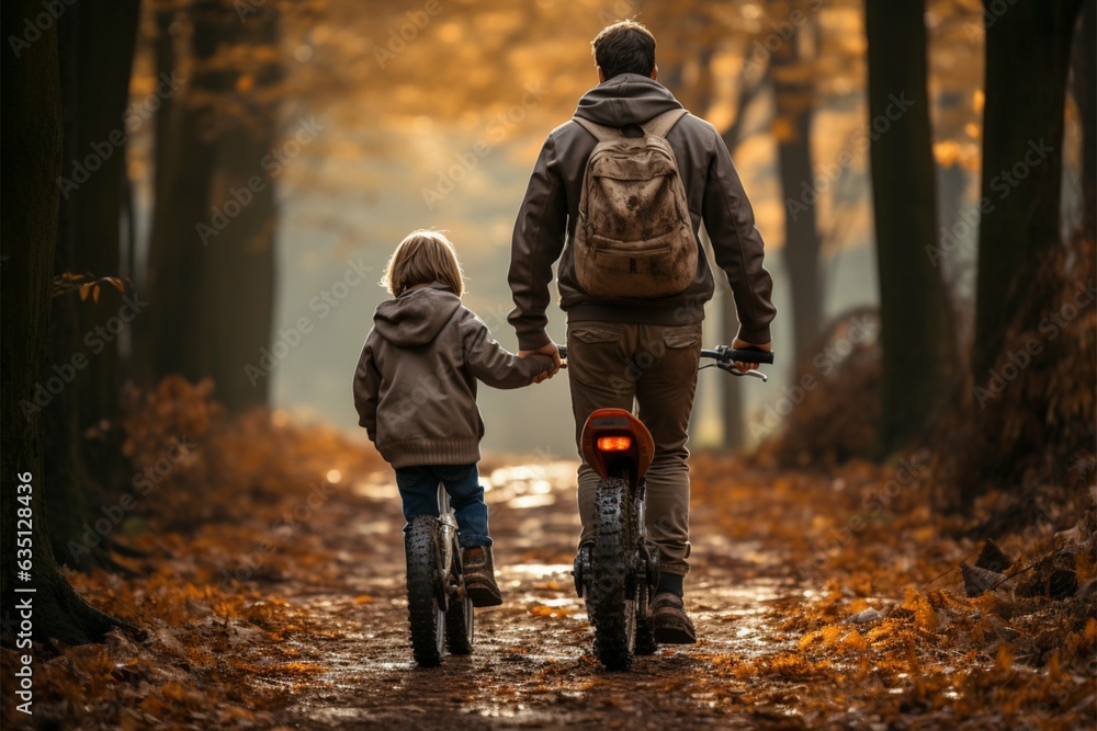 Teaching wheels, man aids kids bike lesson, seen from the back Generative AI