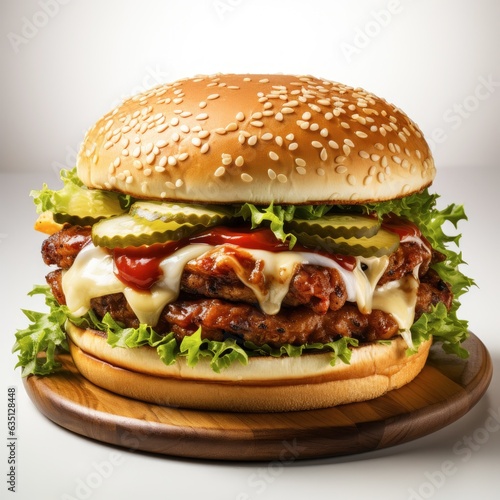 Juicy beef burger with cutlet, onion, vegetables, melted cheese, lettuce, sauce and topped sesame seeds. Isolated hamburger rotates on dark background, close-up view