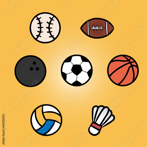 sport balls basketball  bowling  rugby  badminton  baseball  volleyball  football  soccer. 