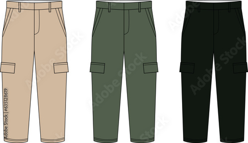 Set vector drawing of cargo pants, beige, green black colors. Outline drawing of trousers with pockets, vector. Fashion pants template in casual style with leg pockets.