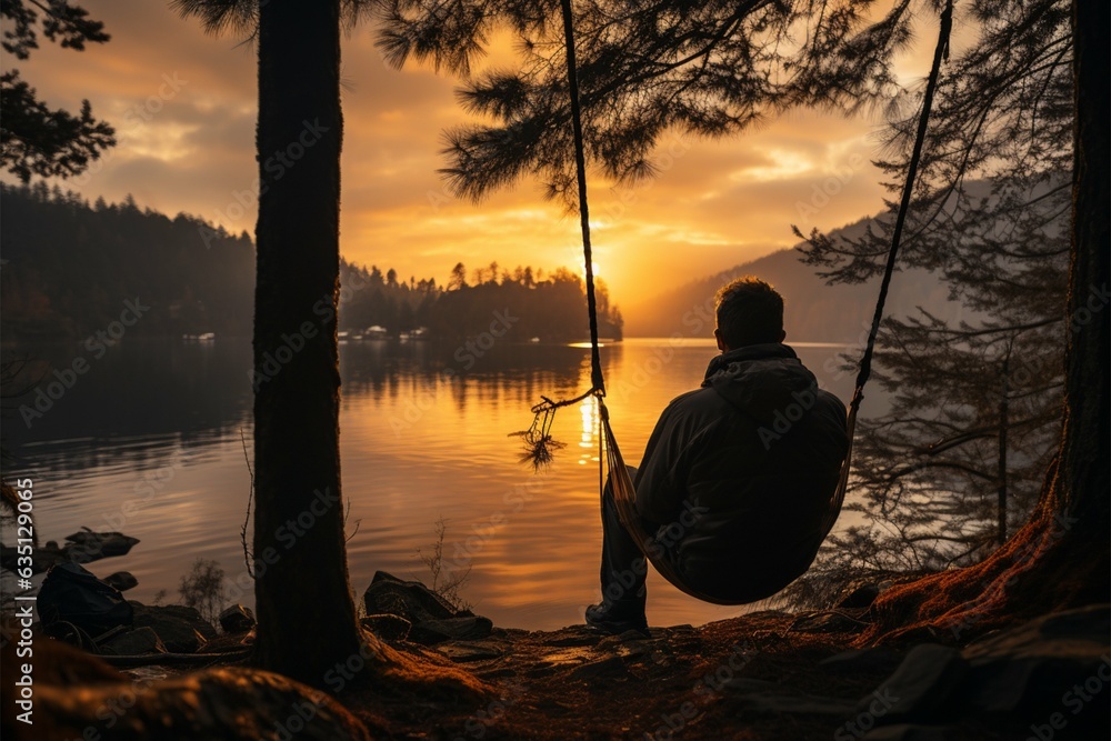 Back view of man silhouette relaxing on orange hammock between two trees lake Generative AI Back view of man silhouette relaxing on orange hammock between two trees lake Generative AI