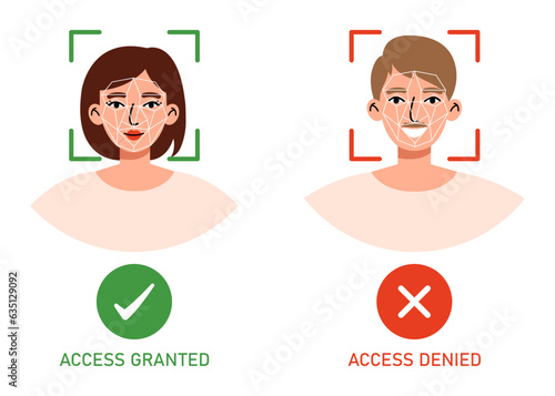 Woman and man with face ID scanner. Access granted and denied, biometrics and modern technologies, check and control. Flat vector illustration on white background. 