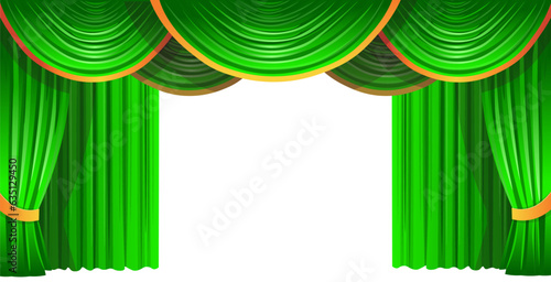 Green theater curtains. Colored curtains with lambrequin. Vector.