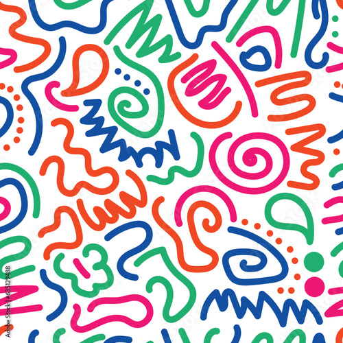 Doodle squiggle shapes seamless pattern. Whimsical arrangement of abstract curly lines, loops, spirals, scribbles and confetti