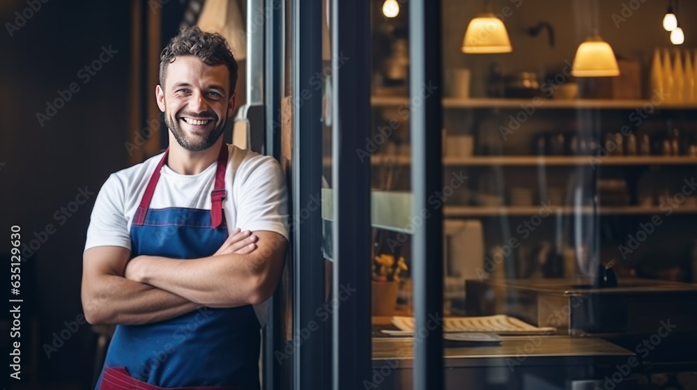 Man standing smile at the workplace of start-up, small business owner of product for delivery to the customer, Online selling, e-commerce, in his coffee shop or restaurant, successful owner concept Man standing smile at the workplace of start-up, small business owner of product for delivery to the customer, Online selling, e-commerce, in his coffee shop or restaurant, successful owner concept