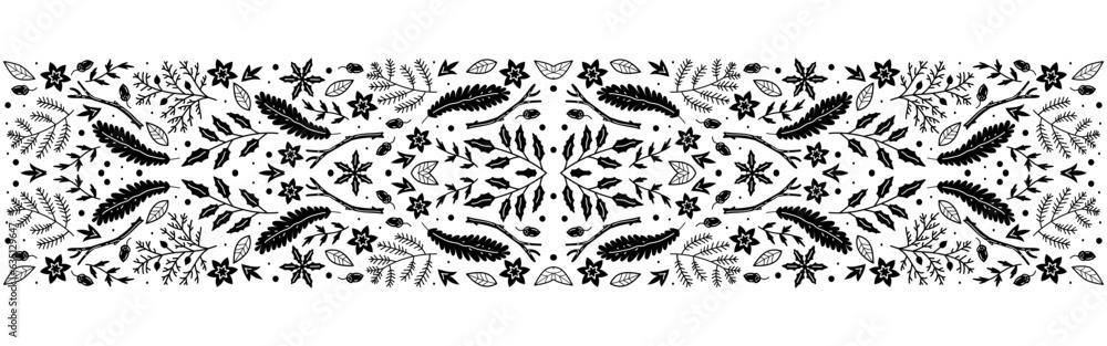 Merry Christmas and Happy New Year luxury festive design with border. Line art style. Winter dark background with floral ornament. Xmas decoration. Vector illustration