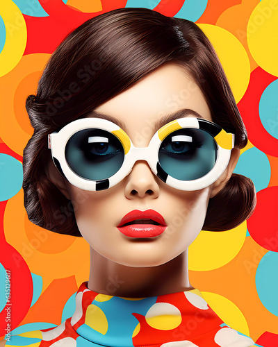 Portrait of a retro woman with white sunglasses and background. Stylish brunette lady with red lipstick, make-up and bright colors. 
