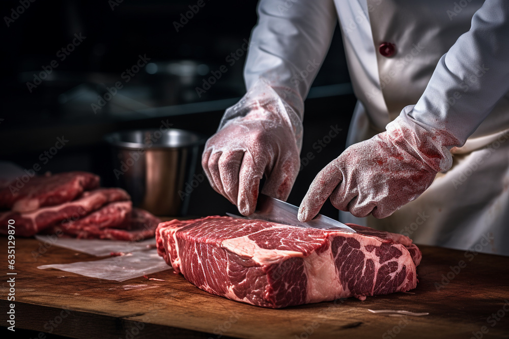 An artistic shot of the meat seller's hands holding a sharp knife, poised over a pristine slab of meat ready for customization 