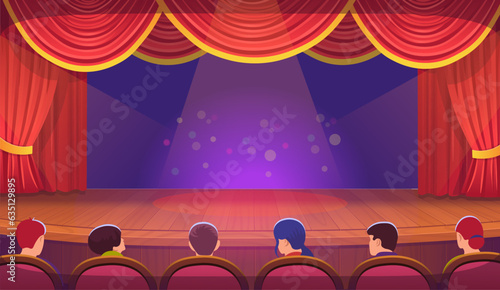 A theater stage with a red open curtain with people. Vector template illustration