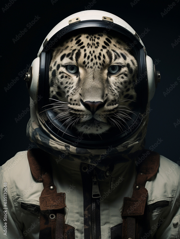 A White Leopard Dressed Up as an Astronaut in a Spacesuit