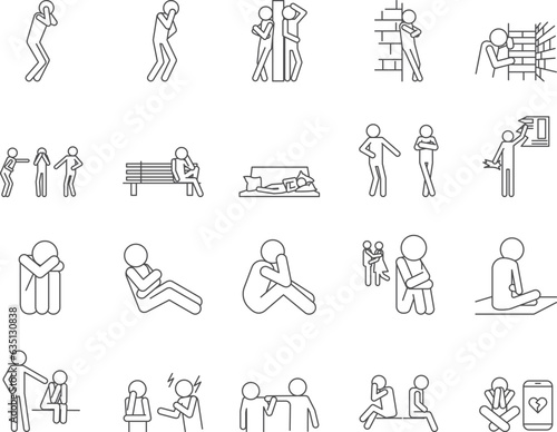 Hurt Feelings Icons Set. Mental Health, Harassment, Disappointment. Editable Stroke. Simple Icons Vector Collection