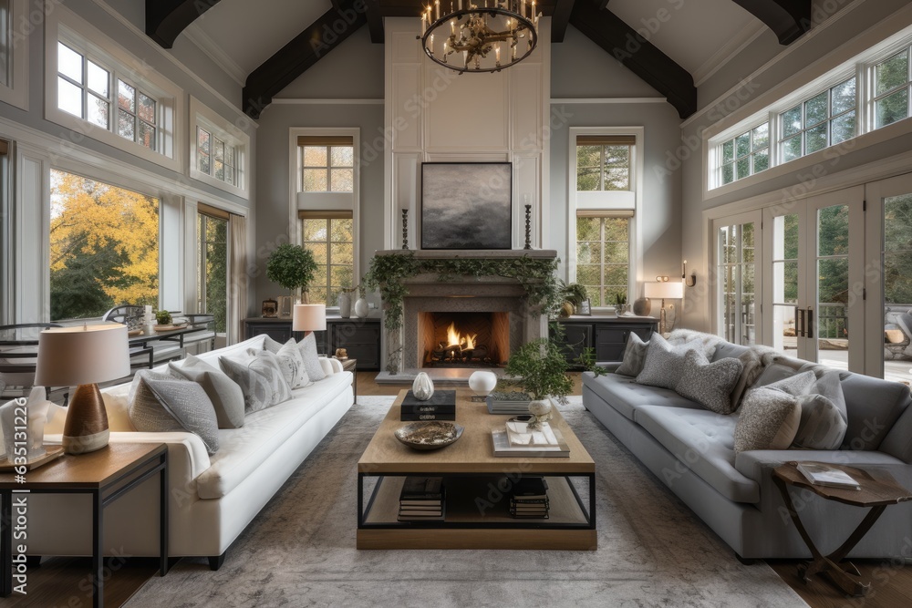Luxurious new home with an elegant living room boasting vaulted ceilings, a blazing fireplace, and beautiful furnishings.