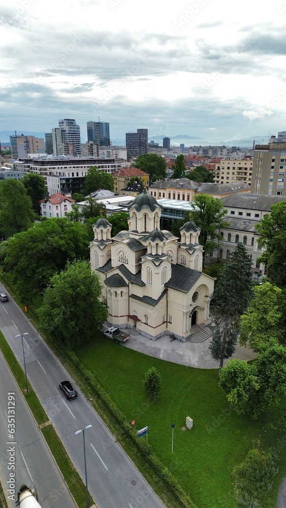 drone photo Sts. Cyril and Methodius Church, Pravoslavna cerkev sv. Cirila in Metoda v Ljubljani  Ljubljana slovenia europe