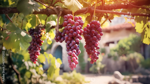 Purple grapes hanging from the vine near the villa.  Grapes ready to harvest in the vineyard.  