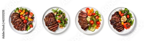 Set of Grilled Steak and Salad on Ceramic Plate - Gourmet Dining isolated on white