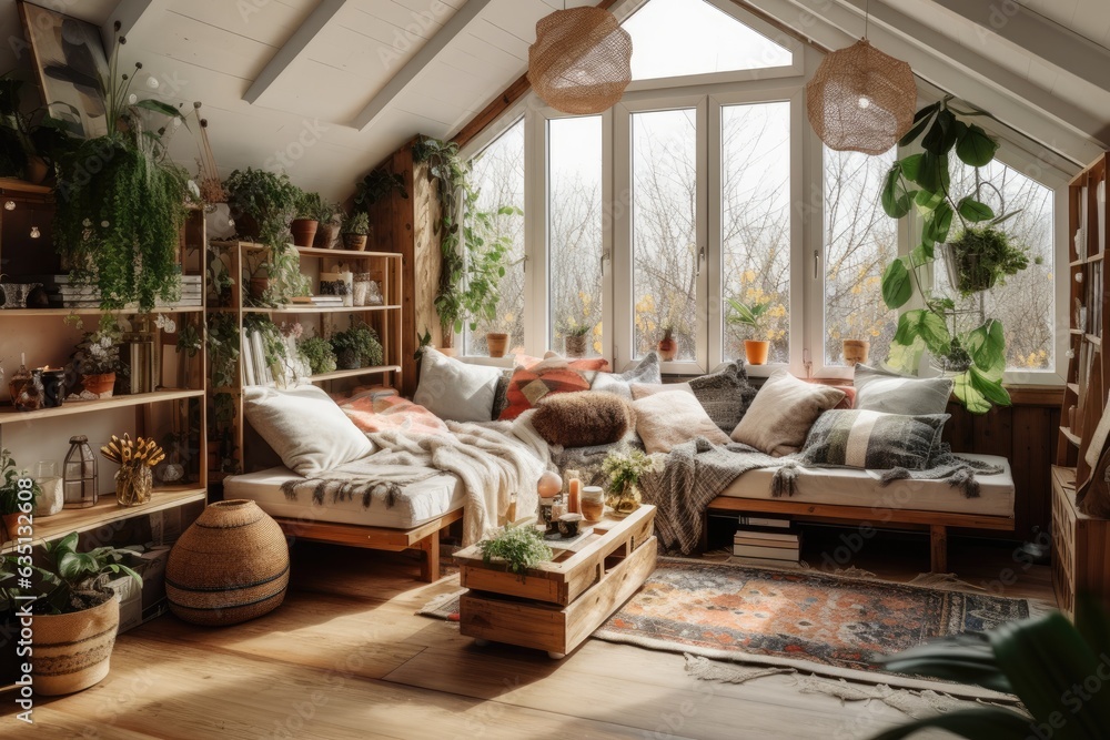 a cozy Scandinavian Bohemian style room with natural wooden furniture, creating a warm home interior atmosphere.