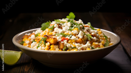 Mexican street corn salad on dark background. Mexican grilled corn topped with mayonnaise, hot sauce, lime, Cotija cheese.