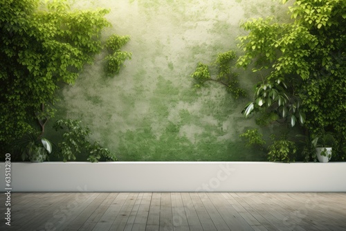 a room with a white wall and a green wall garden background.