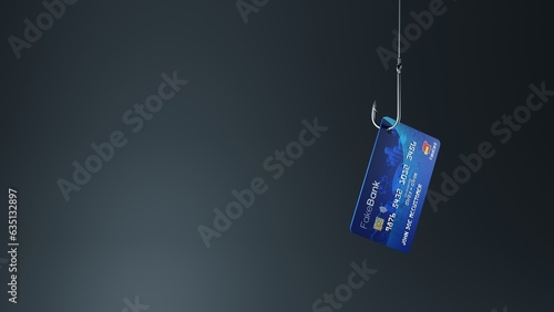 Credit card as bait on a fishing hook. Internet scam, phishing, online theft concept. Digital 3D rendering.