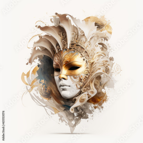 Venetian Carnival Mask. Sun, Golden Masquerade Masque on white background, soft blur. Illustration in watercolor style