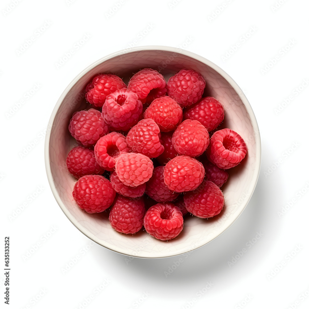 Top view ceramic Bowl of Raspberries Isolated on white background Top view ceramic Bowl of Raspberries Isolated on white background