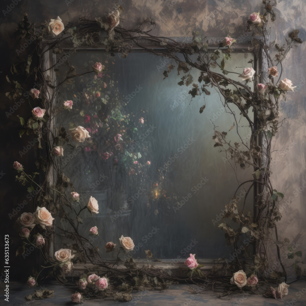 Obraz premium Old Mirror with Pink Roses Flowers Frame on a Old Gray Wall Background. Gray Room with Mirror and Pink Roses Flowers