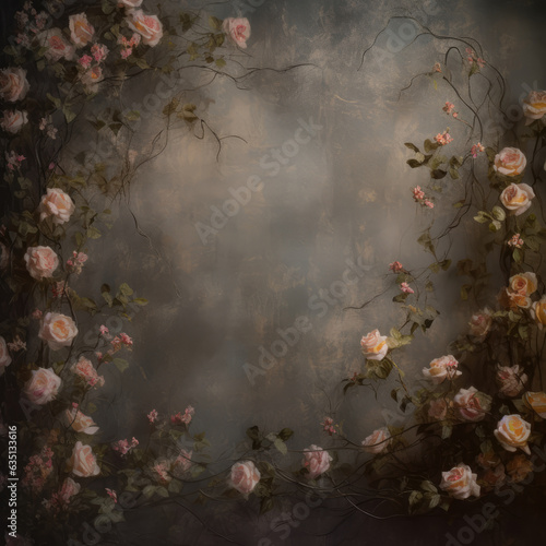 Pink Roses on a Old Gray Wall. Grunge Background with Flowers. Vintage Floral Frame