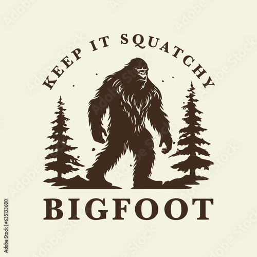 Bigfoot logo design concept. Sasquatch brand icon. keep it squatchy t-shirt graphic. Mythical yeti cryptid emblem. Vector illustration.