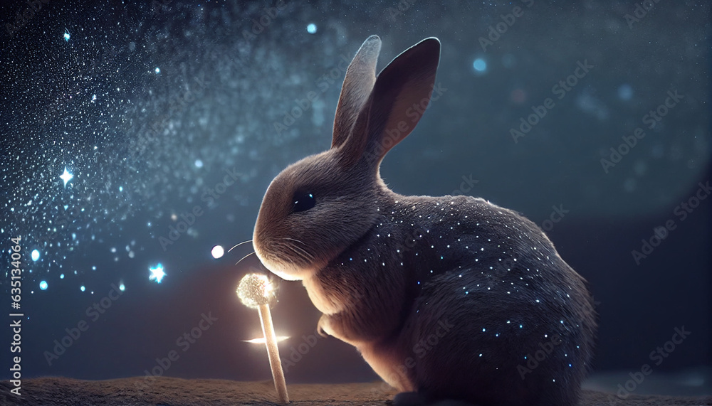 Fantastical bunny rabbit floats through a starry night sky, casting ...