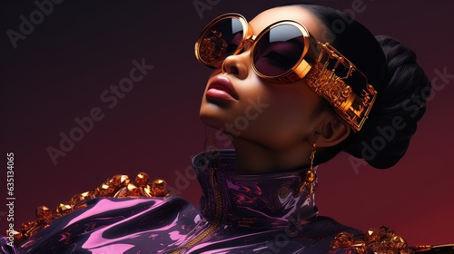 Black woman in purple with gold sunglasses. Generative AI