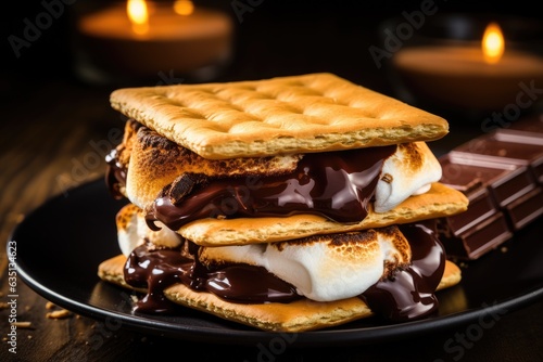 Homemade marshmallow s'mores with chocolate on crackers. photo