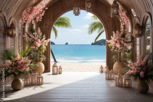 Wedding arch decorated with flowers on tropical beach © kardaska