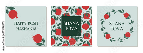 Jewish New Year card design set. Rosh Hashanah symbol pomegranate. Happy New Year. Vector illustration