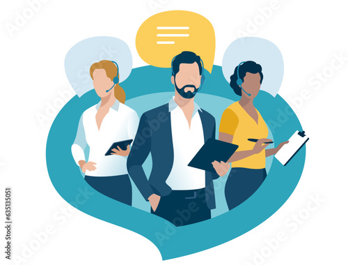 Customer service, call center. hotline operators with headsets in the speech bubble. Online technical support. Vector illustration. 