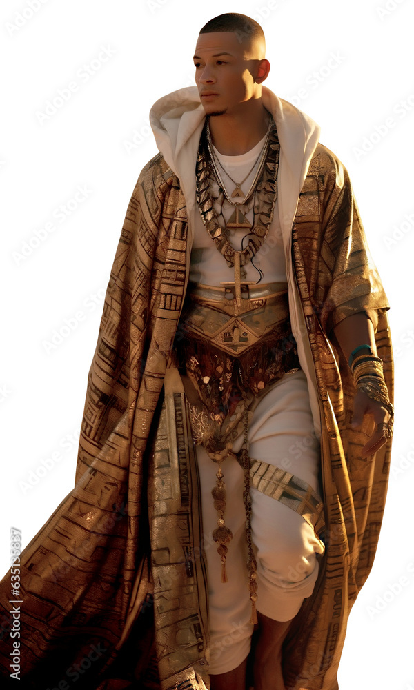 Portrait of an Egyptian in royal clothes. Handsome arabic guy wearing in expensive historical clothes. Isolated on transparency.