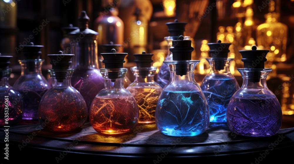 Magic potion bottles on a witch's table Magic potion bottles on a witch's table