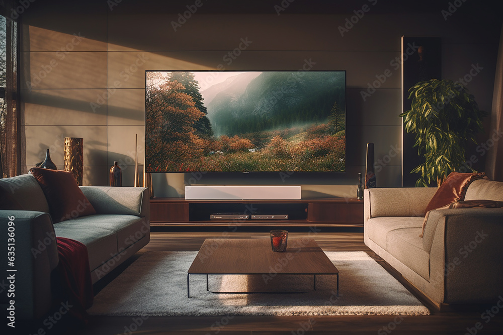 Modern interior of a house with large TV