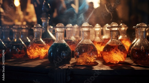 Magic potion bottles on a witch's table