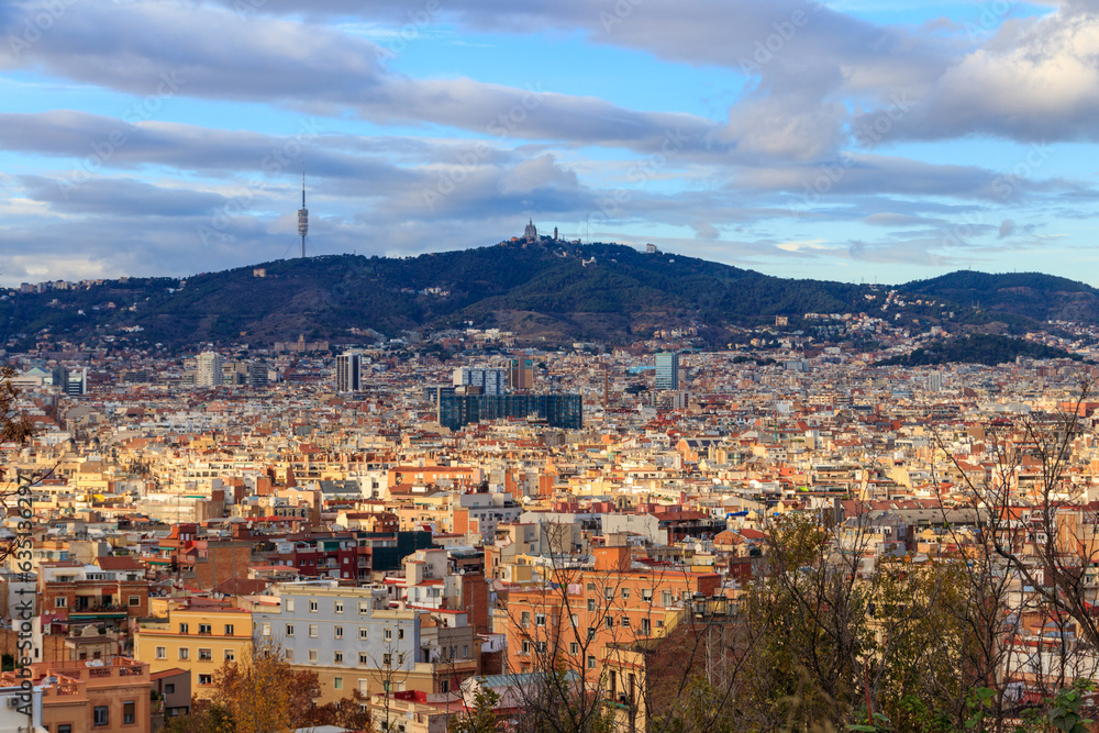 Panoramic view of Barcelona city from Montjuic hill, Catalonia, Spain