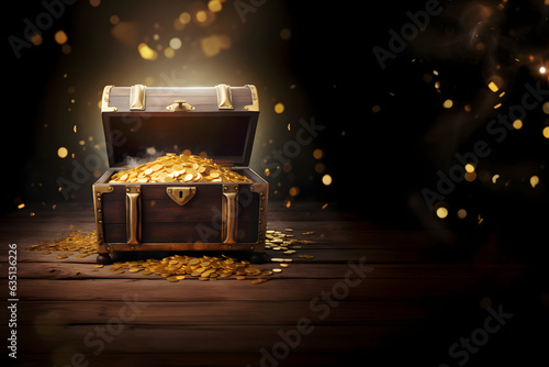 Unlocking Riches Open Ancient Treasure Chest with Gleaming Golden Coins, Bathed in Light Rays