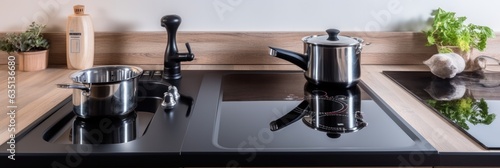 contemporary kitchen with new design black sink and induction hob at modern kitchen.