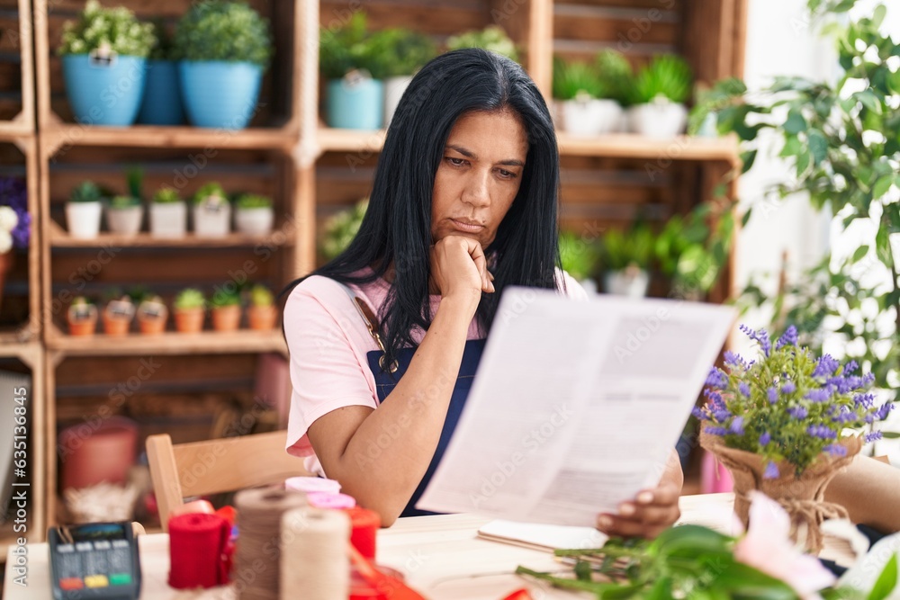 Middle age hispanic woman florist reading document at florist Middle age hispanic woman florist reading document at florist