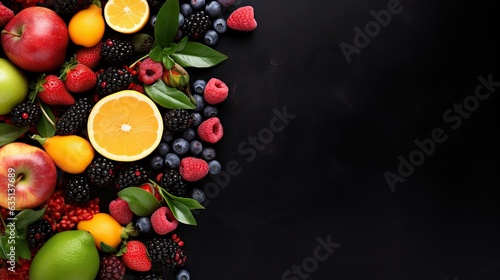 top view of fresh fruits  vegetables and berries on black background  Generative AI.