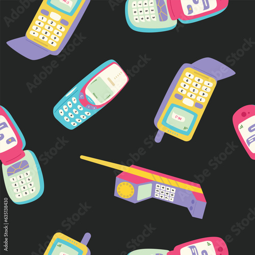 Pattern with retro mobile phone devices. Mobile phones with buttons. Cute and stylish from 90s. Hand drawn vector illustration. Vintage electronics. Flip phone
