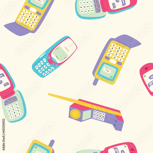 Pattern with retro mobile phone devices. Mobile phones with buttons. Cute and stylish from 90s. Hand drawn vector illustration. Vintage electronics. Flip phone
