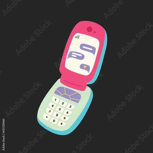 Retro mobile phone device. Mobile phone with buttons. Cute and stylish from 90s. Hand drawn vector illustration. Vintage electronic. Flip phone