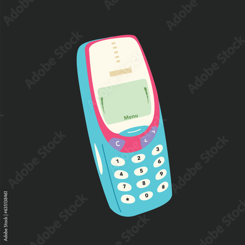 Retro mobile phone device. Mobile phone with buttons. Cute and stylish from 90s. Hand drawn vector illustration. Vintage electronic. Flip phone