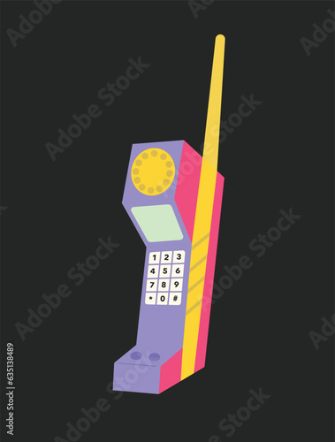 Retro mobile phone device. Mobile phone with buttons. Cute and stylish from 90s. Hand drawn vector illustration. Vintage electronic. Flip phone