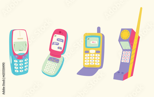 Set with retro mobile phone devices. Mobile phones with buttons. Cute and stylish from 90s. Hand drawn vector illustration. Vintage electronics. Flip phone