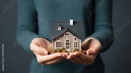 Woman Holding a Miniature House. Generative ai